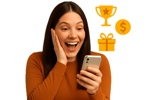 Happy woman using phone for investing
